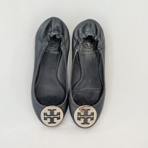 Tory Burch Reva Ballet Flats Black Leather Silver Logo Womens 5 Pre-Owned Brazil